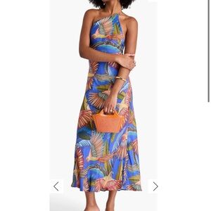 Farm Rio Blue Macaw One-shoulder open-back printed satin midi dress, small